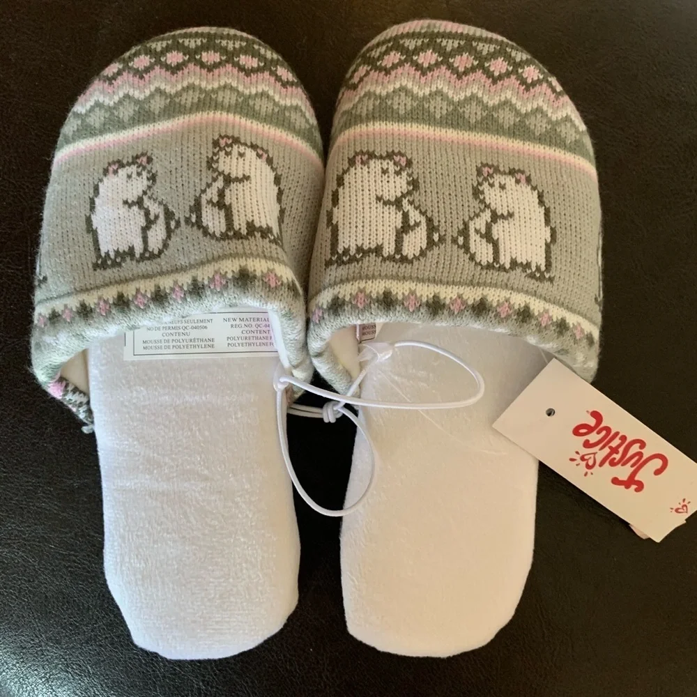NWT justice polar bear slippers girls size XS extra small 12/1 & small 2-5